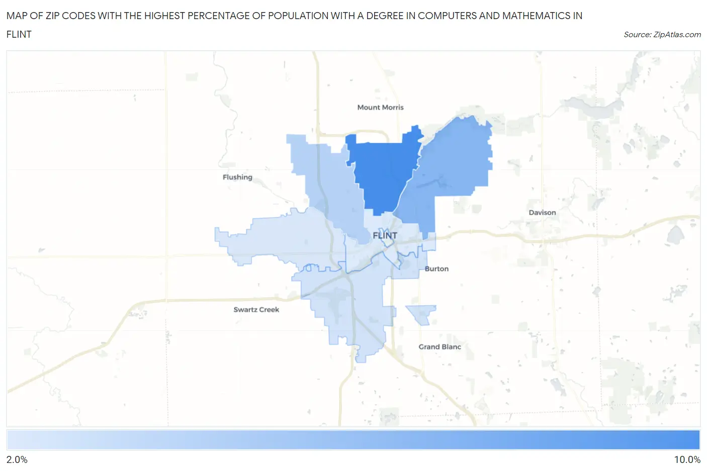 Zip Codes with the Highest Percentage of Population with a Degree in Computers and Mathematics in Flint Map