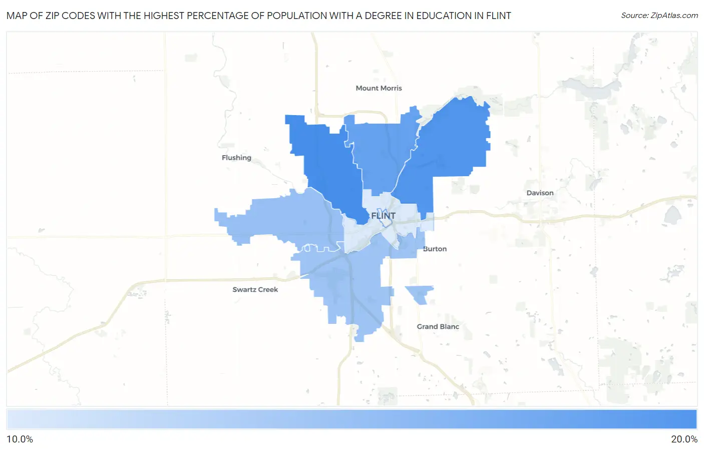 Zip Codes with the Highest Percentage of Population with a Degree in Education in Flint Map