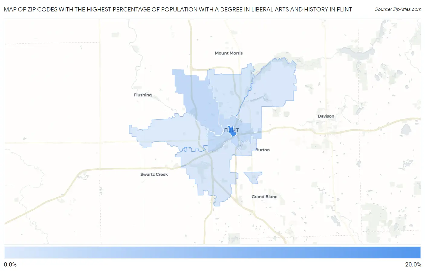 Zip Codes with the Highest Percentage of Population with a Degree in Liberal Arts and History in Flint Map