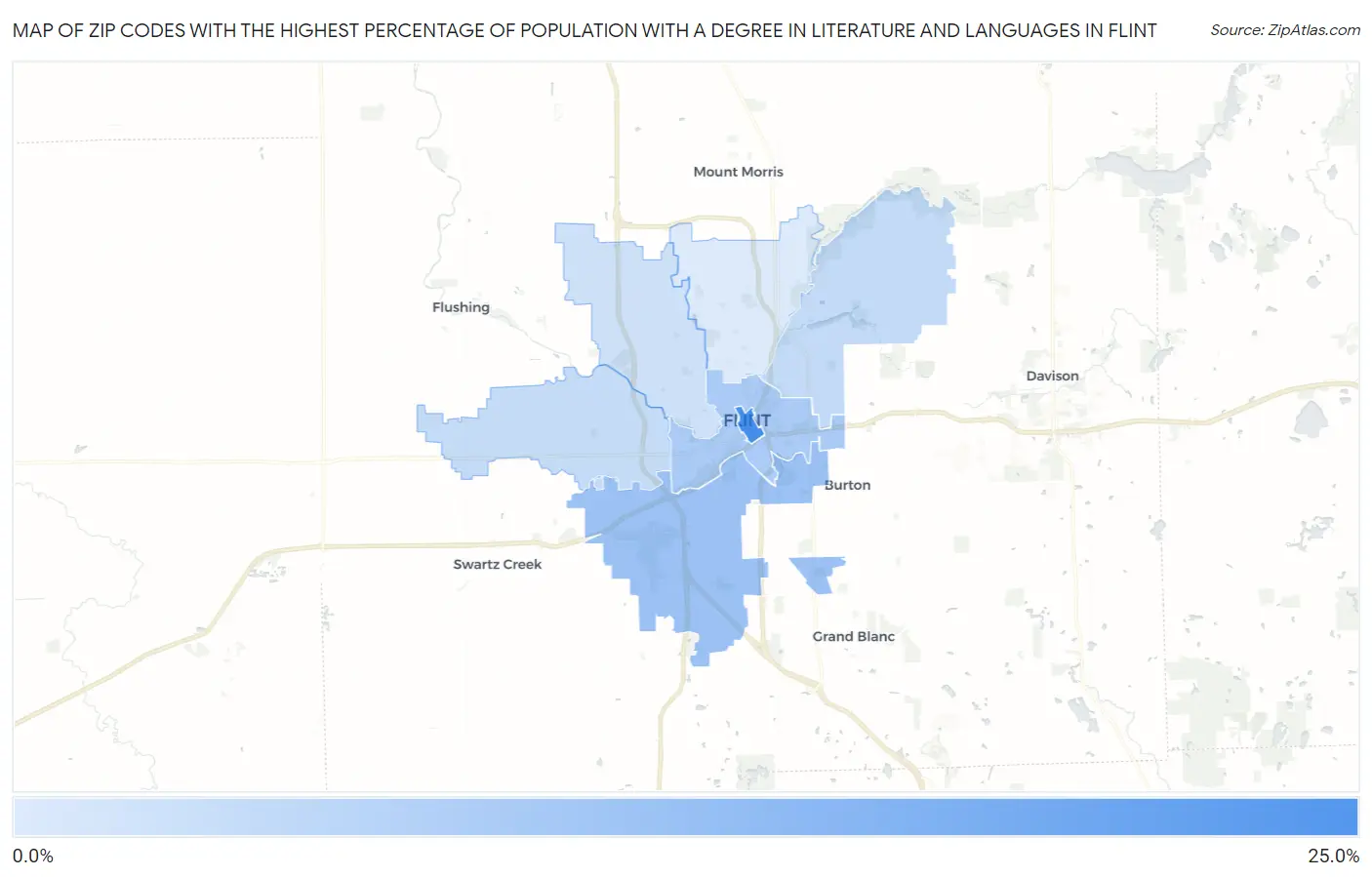 Zip Codes with the Highest Percentage of Population with a Degree in Literature and Languages in Flint Map