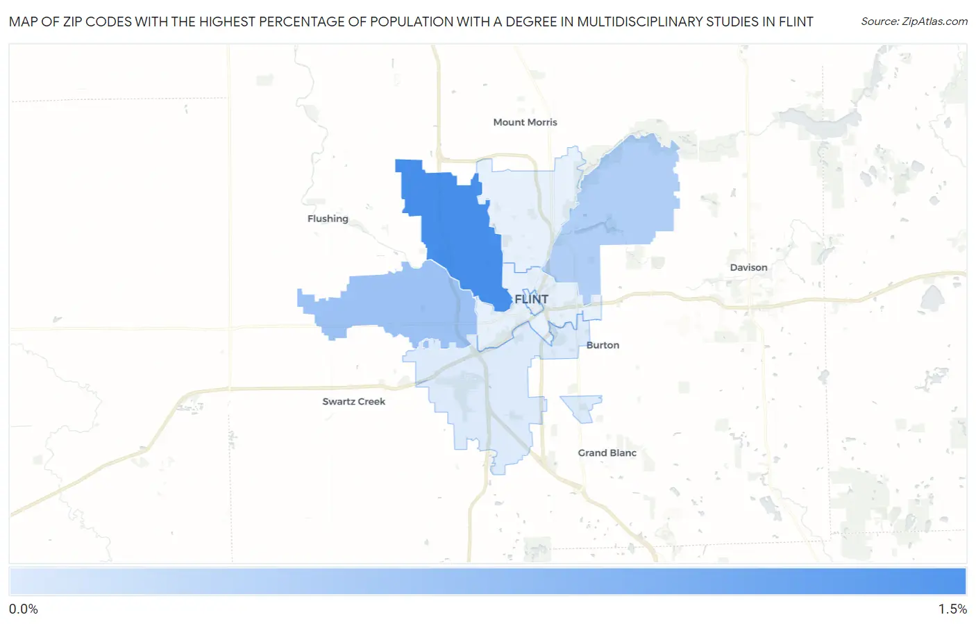 Zip Codes with the Highest Percentage of Population with a Degree in Multidisciplinary Studies in Flint Map