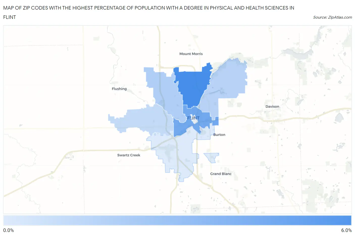 Zip Codes with the Highest Percentage of Population with a Degree in Physical and Health Sciences in Flint Map