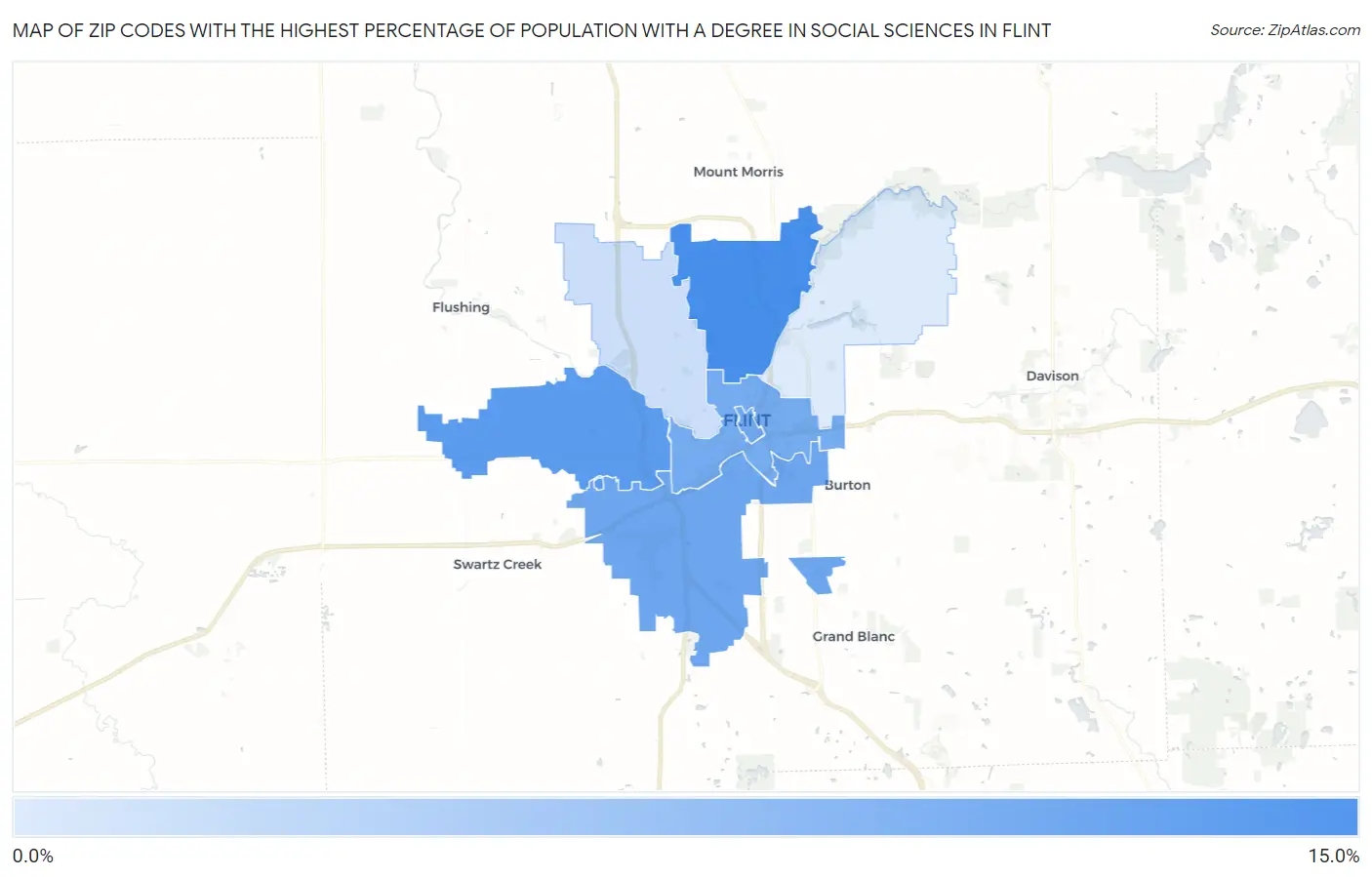 Zip Codes with the Highest Percentage of Population with a Degree in Social Sciences in Flint Map
