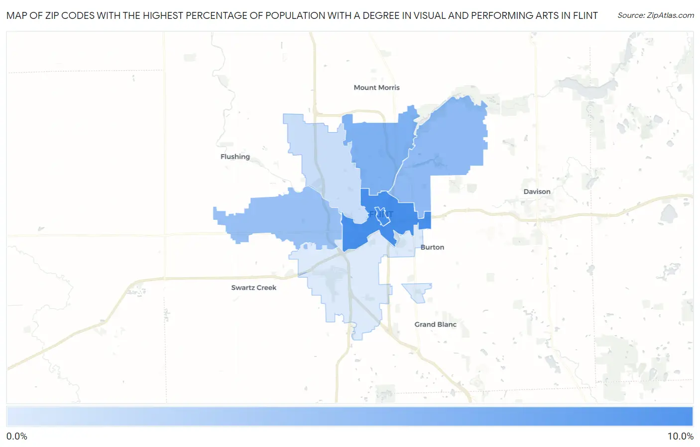 Zip Codes with the Highest Percentage of Population with a Degree in Visual and Performing Arts in Flint Map
