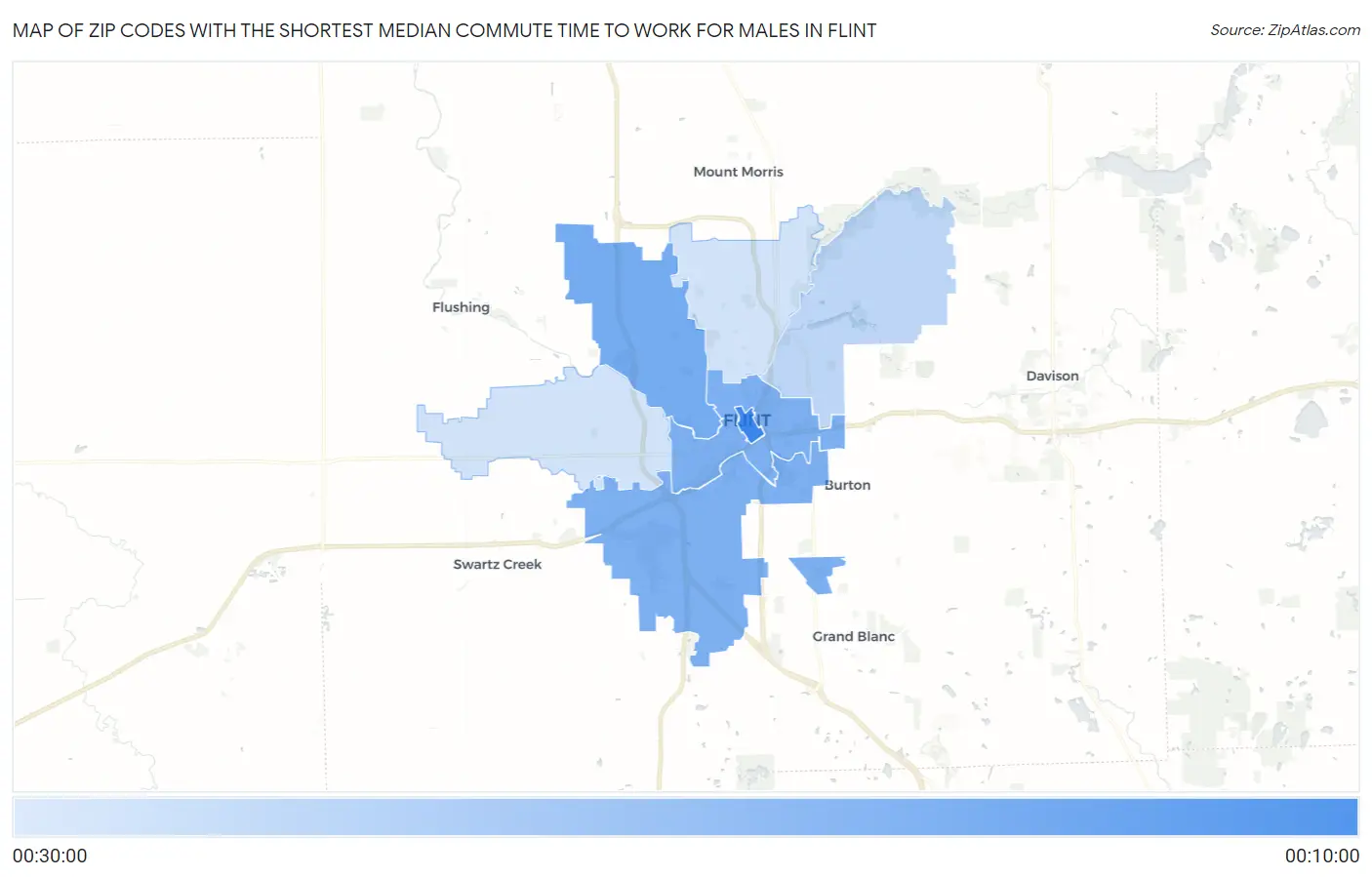 Zip Codes with the Shortest Median Commute Time to Work for Males in Flint Map