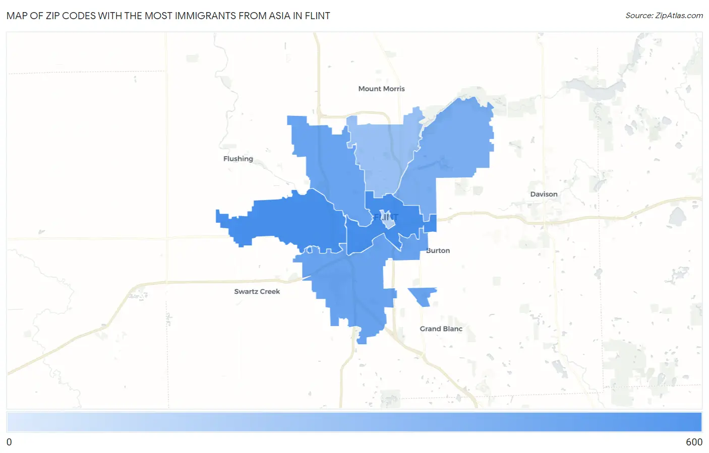 Zip Codes with the Most Immigrants from Asia in Flint Map