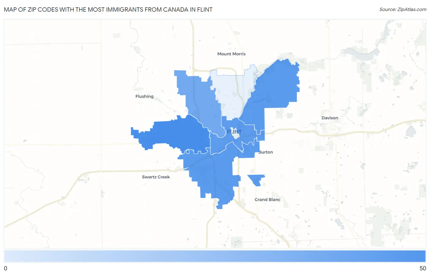 Zip Codes with the Most Immigrants from Canada in Flint Map