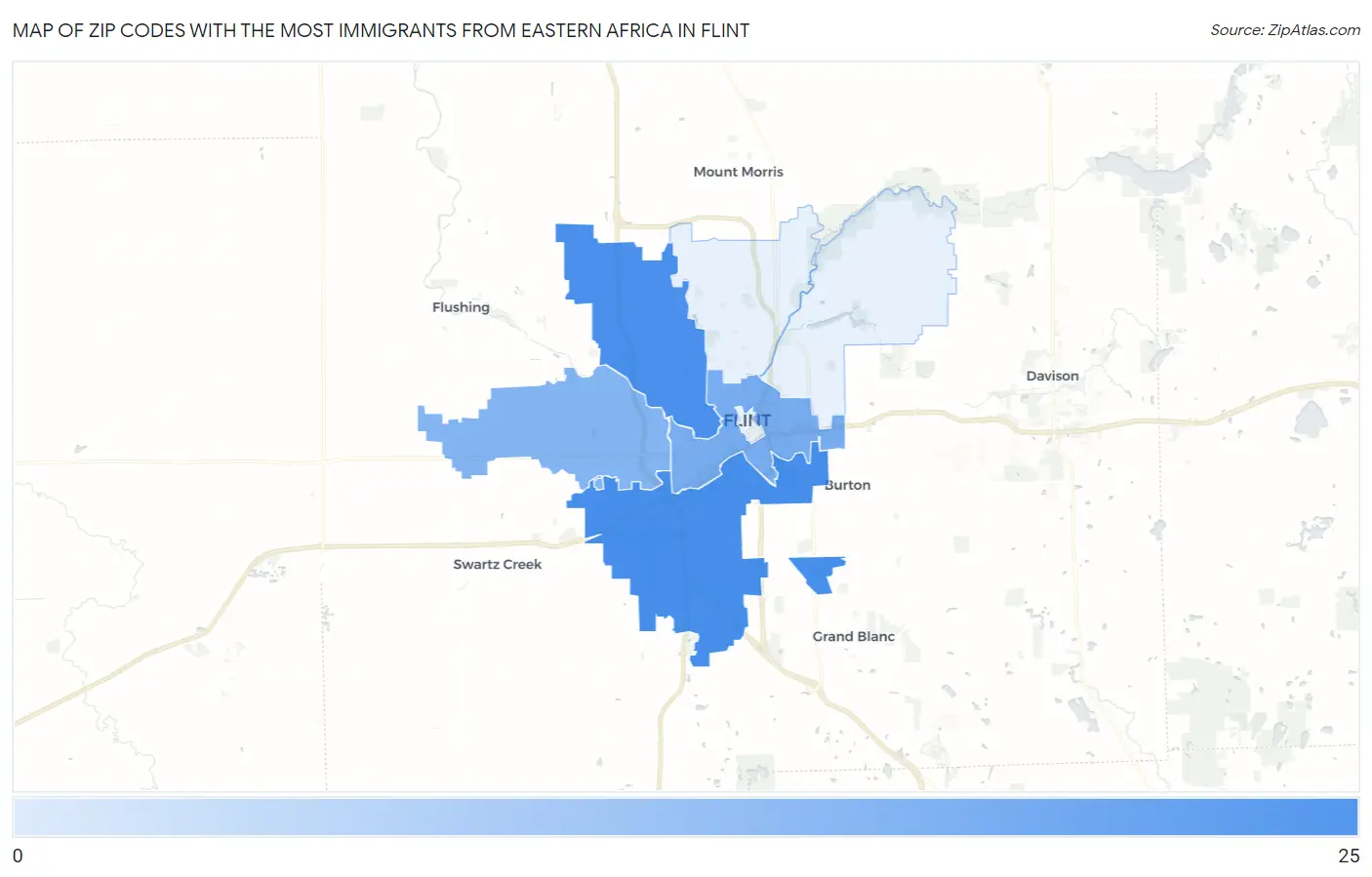 Zip Codes with the Most Immigrants from Eastern Africa in Flint Map