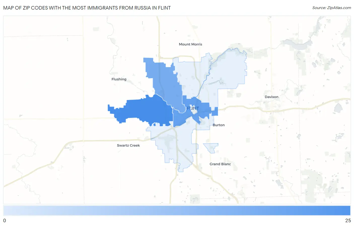 Zip Codes with the Most Immigrants from Russia in Flint Map