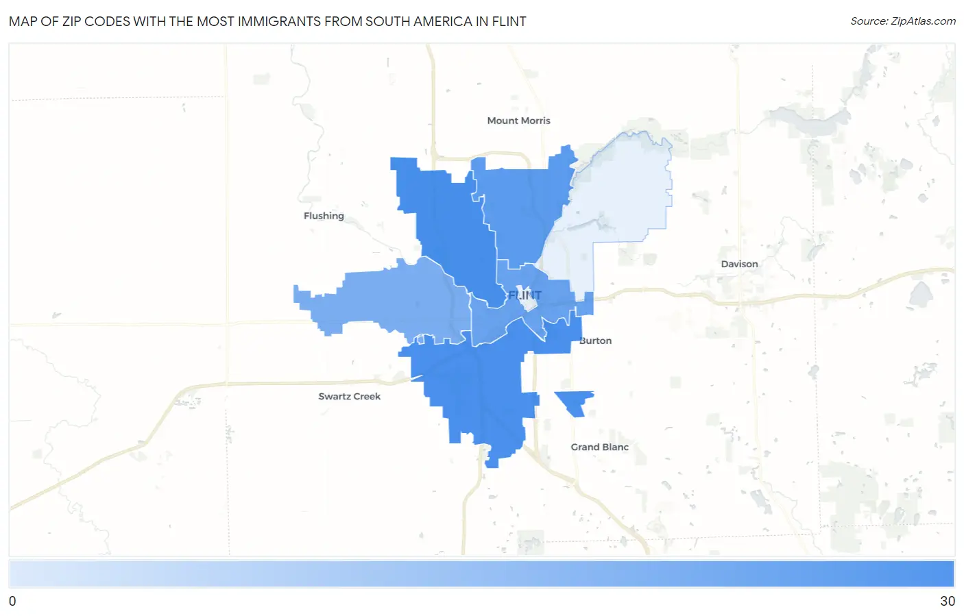 Zip Codes with the Most Immigrants from South America in Flint Map