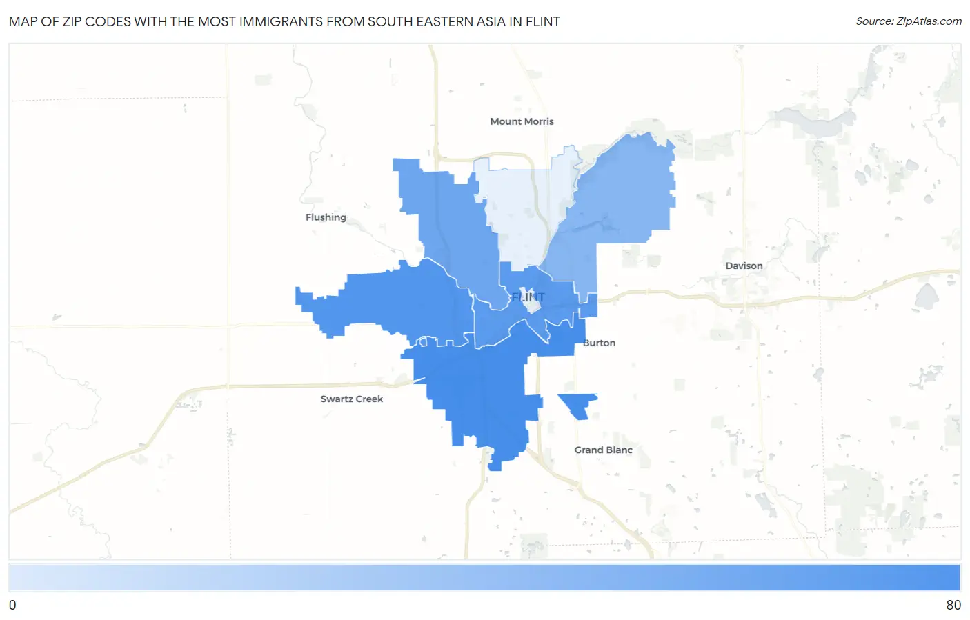 Zip Codes with the Most Immigrants from South Eastern Asia in Flint Map