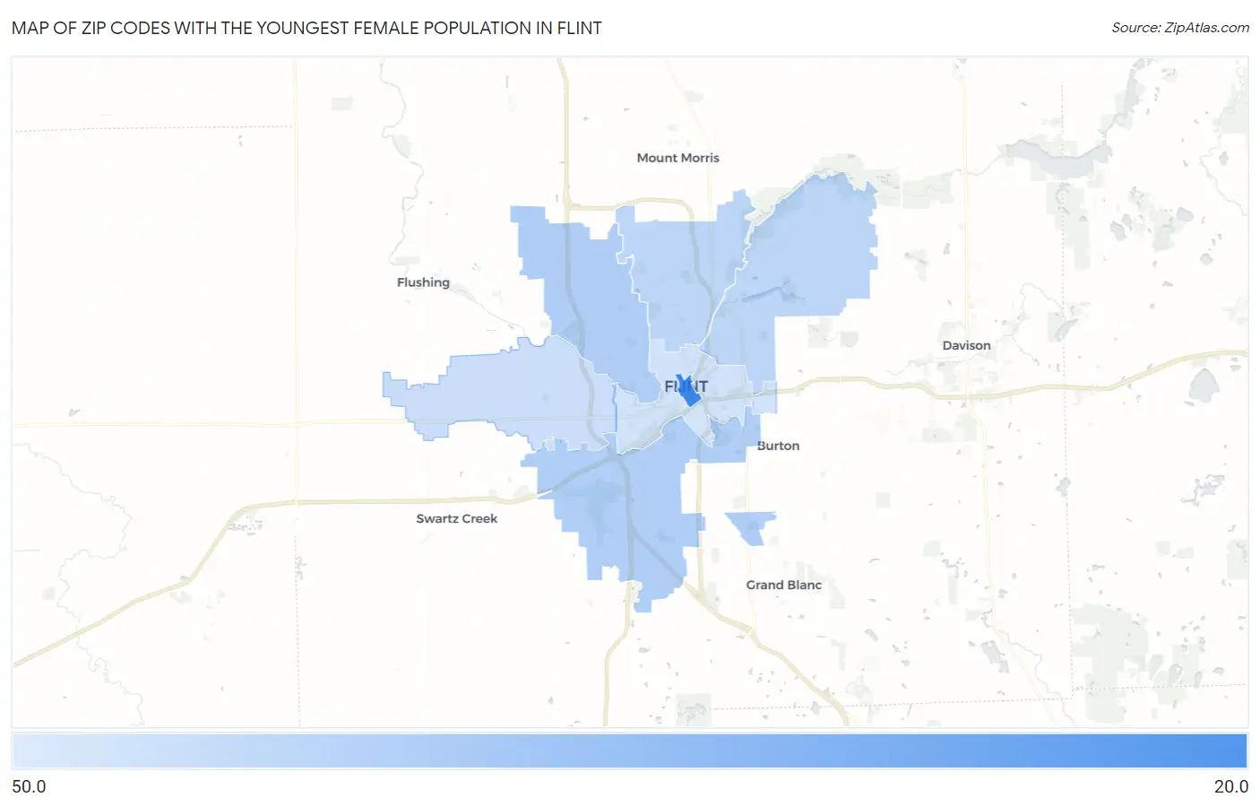 Zip Codes with the Youngest Female Population in Flint Map