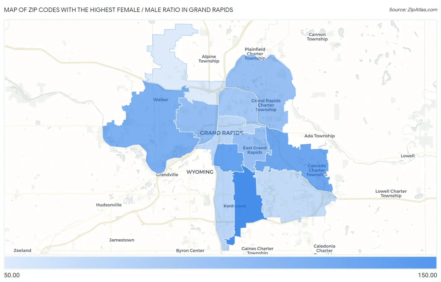Zip Codes with the Highest Female / Male Ratio in Grand Rapids Map
