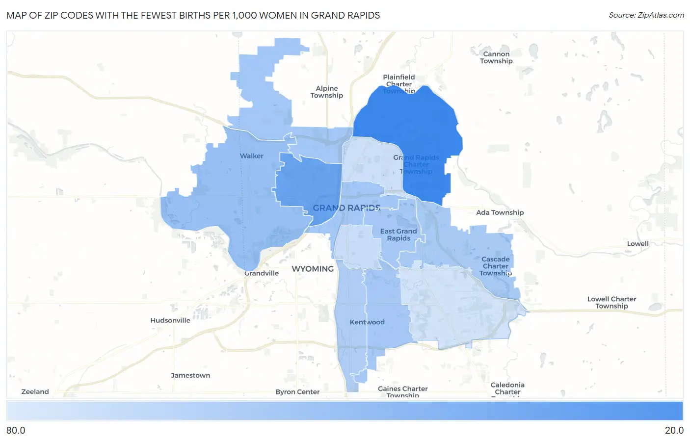 Zip Codes with the Fewest Births per 1,000 Women in Grand Rapids Map