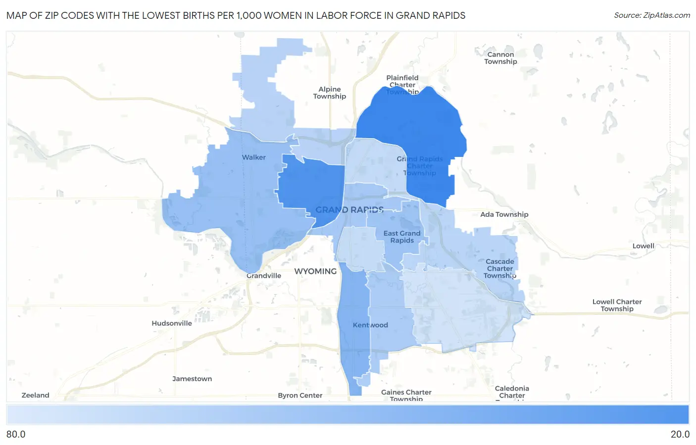 Zip Codes with the Lowest Births per 1,000 Women in Labor Force in Grand Rapids Map