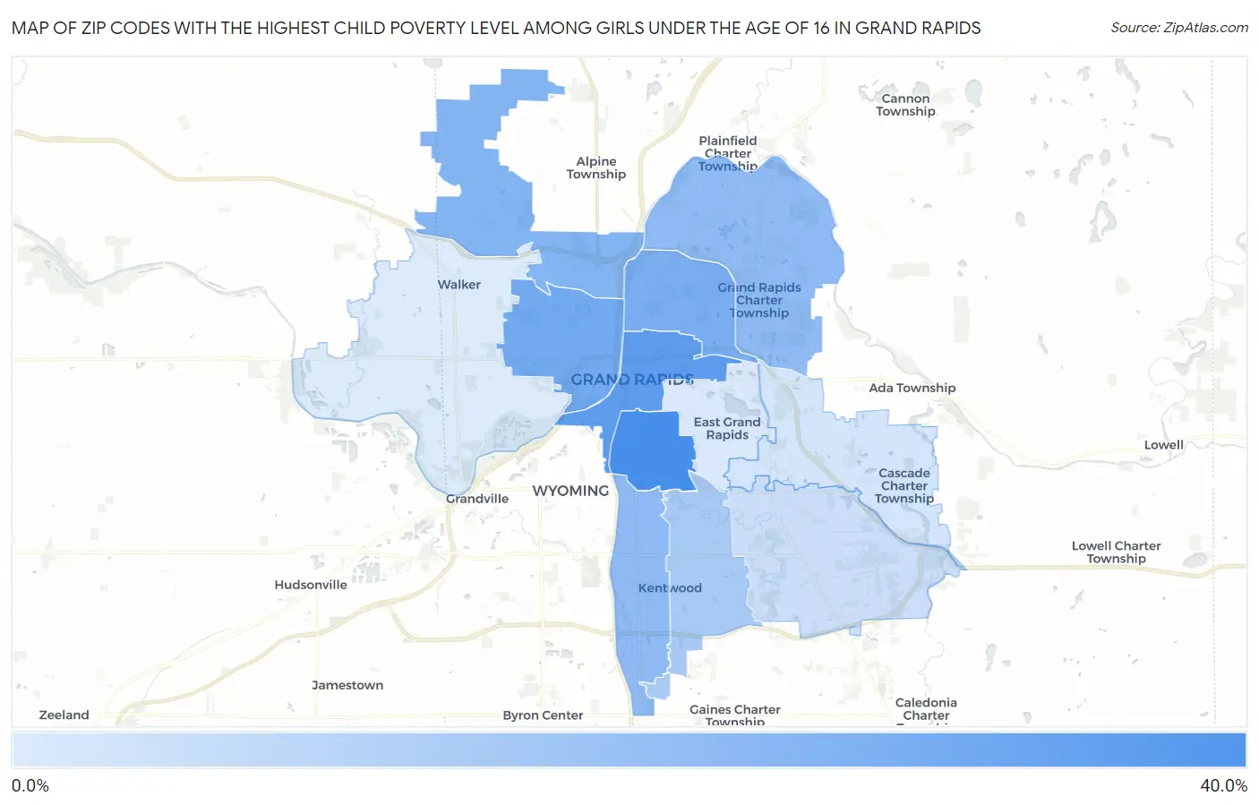 Zip Codes with the Highest Child Poverty Level Among Girls Under the Age of 16 in Grand Rapids Map