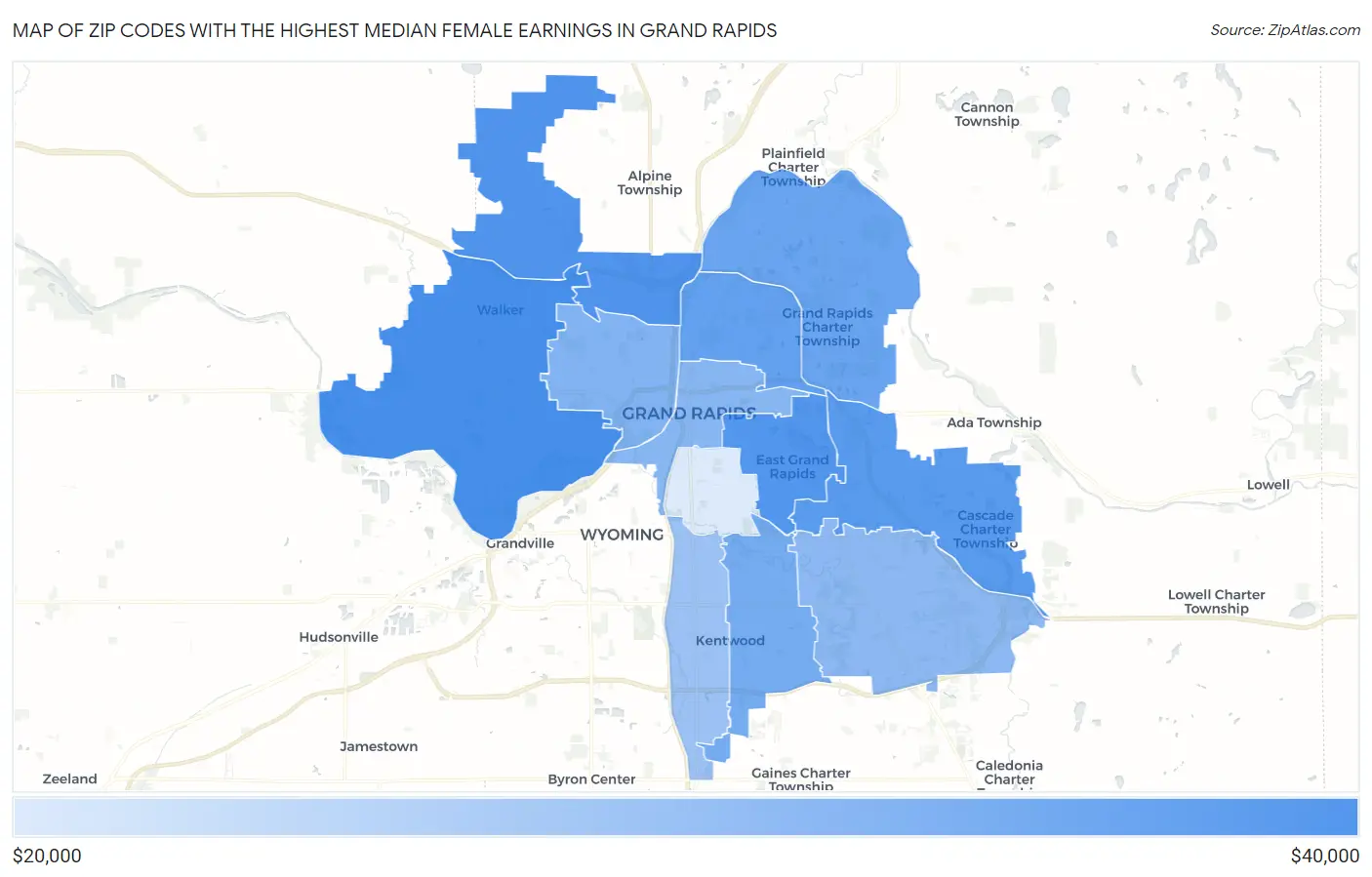 Zip Codes with the Highest Median Female Earnings in Grand Rapids Map