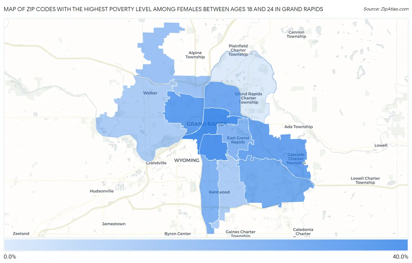 Zip Codes with the Highest Poverty Level Among Females Between Ages 18 and 24 in Grand Rapids Map