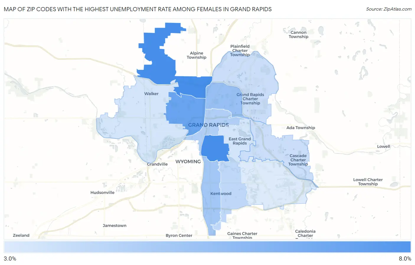 Zip Codes with the Highest Unemployment Rate Among Females in Grand Rapids Map