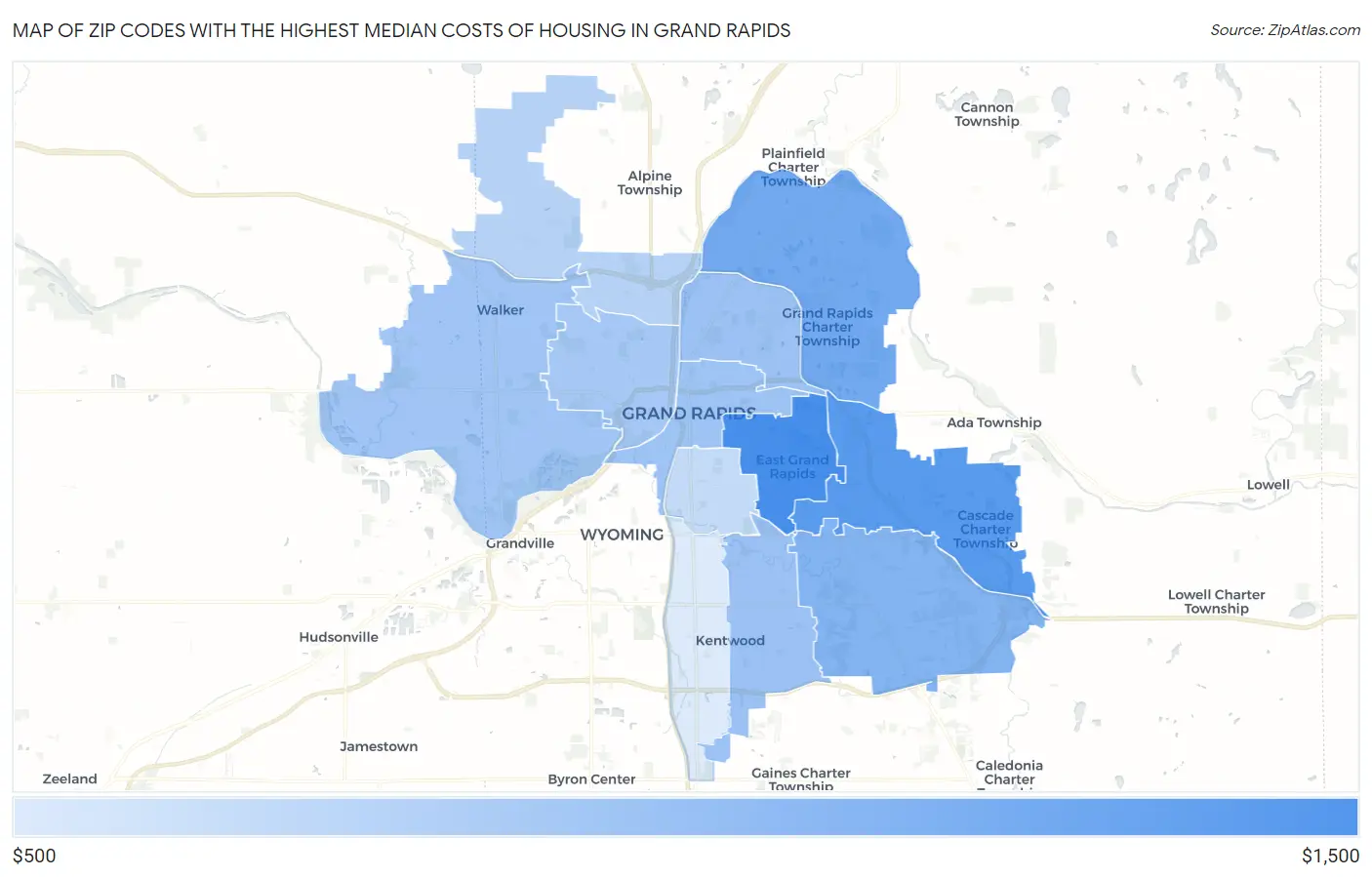 Zip Codes with the Highest Median Costs of Housing in Grand Rapids Map