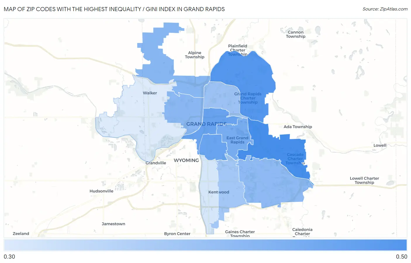 Zip Codes with the Highest Inequality / Gini Index in Grand Rapids Map
