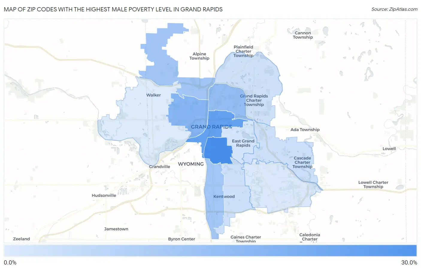 Zip Codes with the Highest Male Poverty Level in Grand Rapids Map
