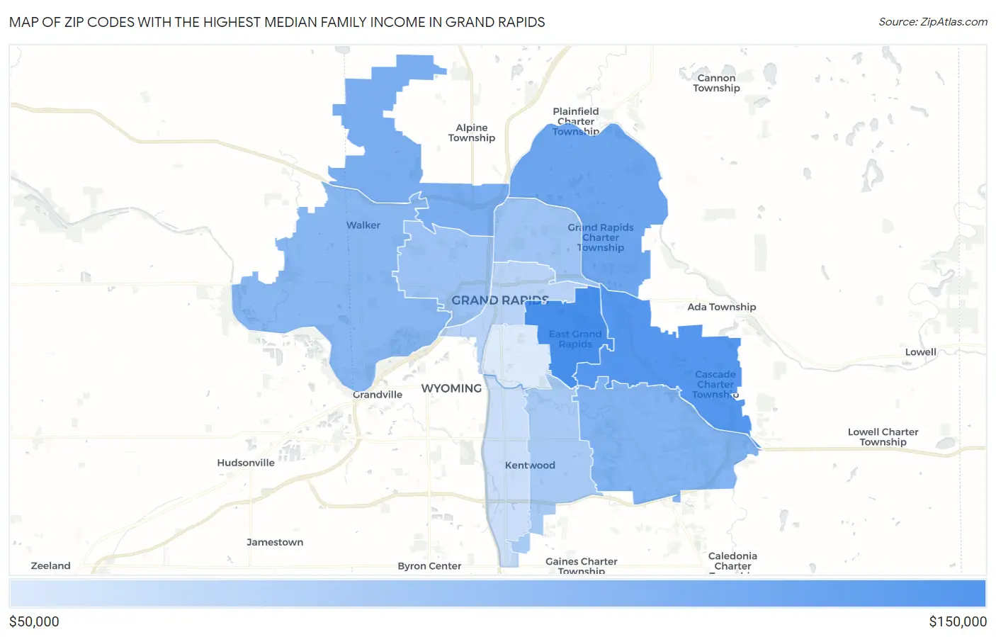 Zip Codes with the Highest Median Family Income in Grand Rapids Map