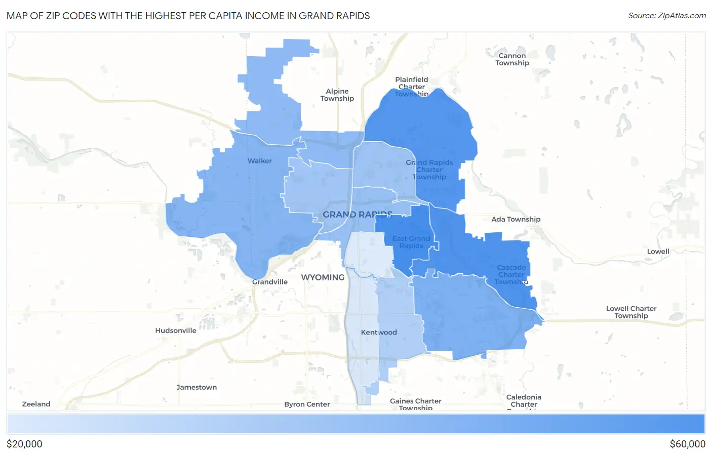 Zip Codes with the Highest Per Capita Income in Grand Rapids Map