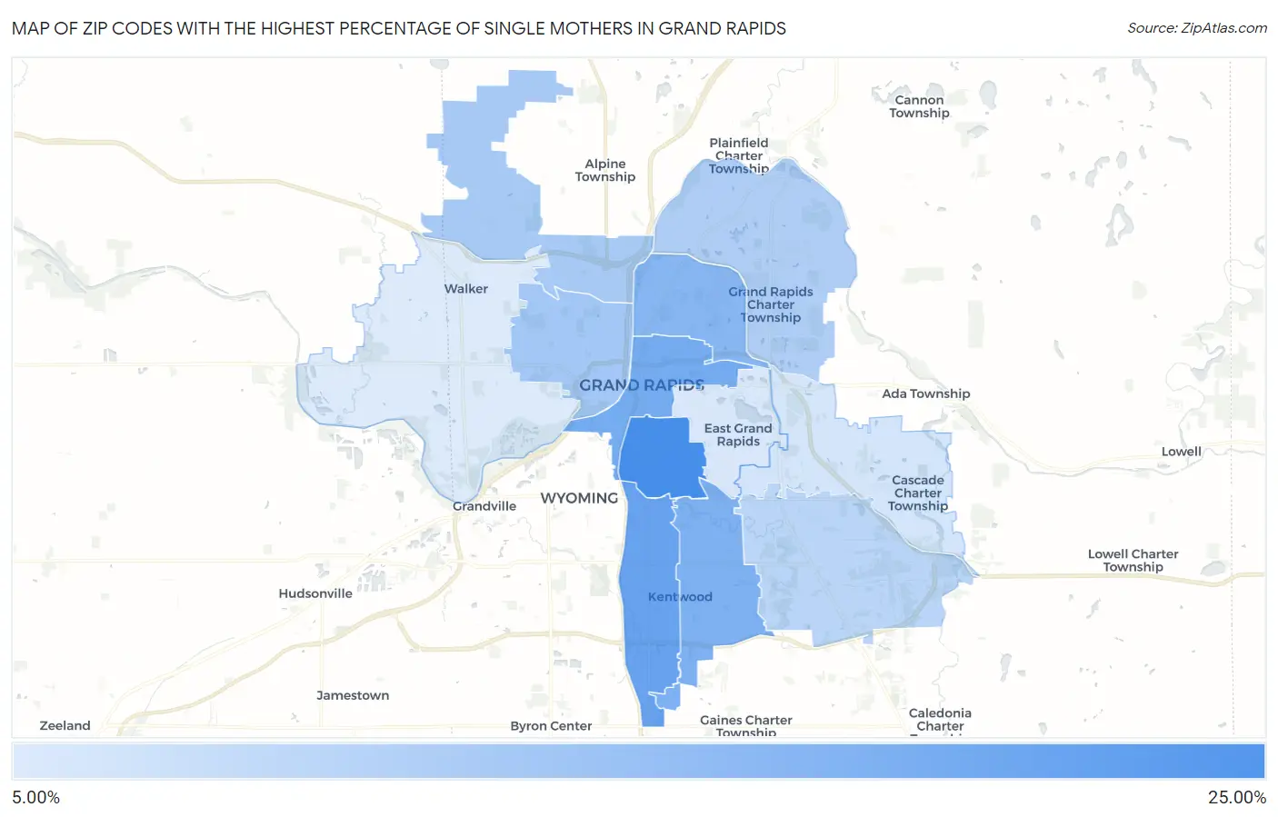 Zip Codes with the Highest Percentage of Single Mothers in Grand Rapids Map