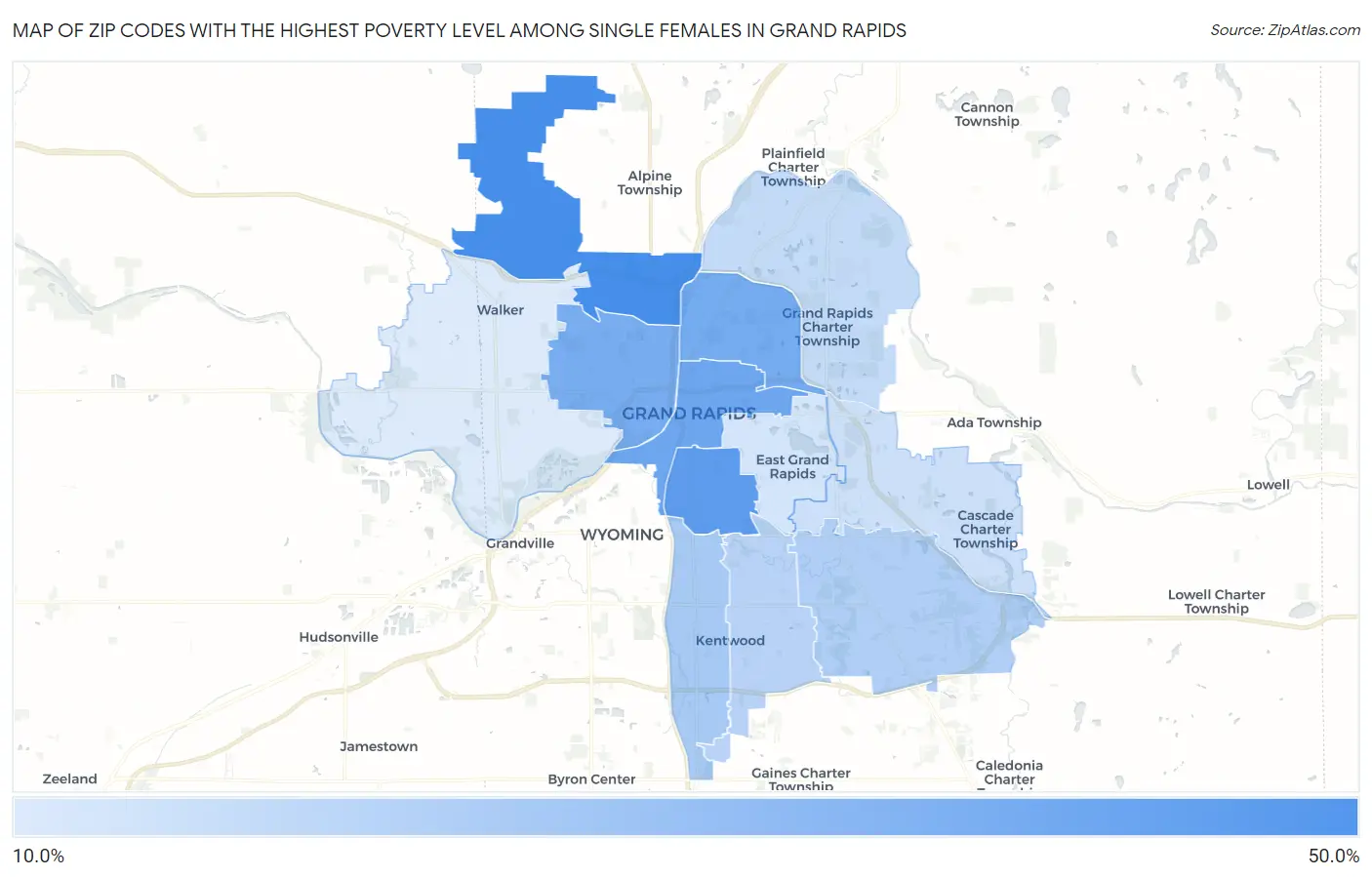 Zip Codes with the Highest Poverty Level Among Single Females in Grand Rapids Map