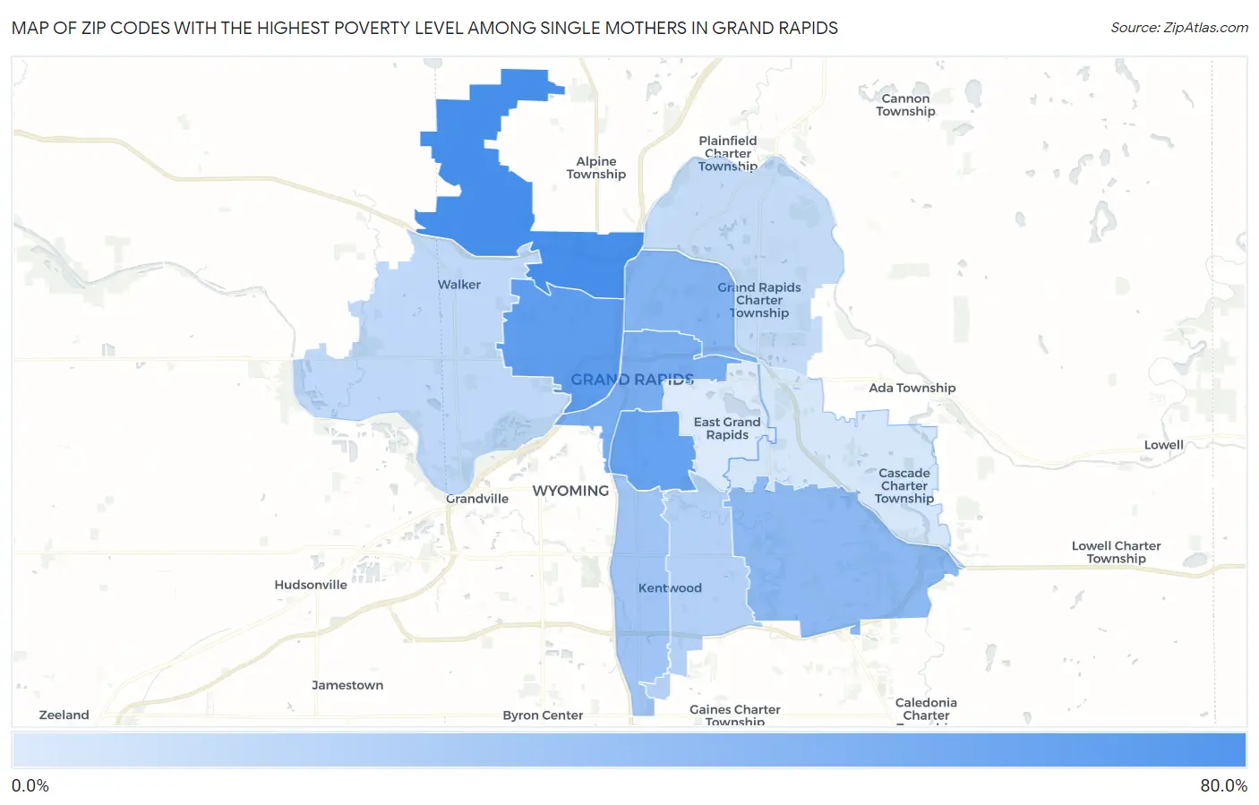 Zip Codes with the Highest Poverty Level Among Single Mothers in Grand Rapids Map
