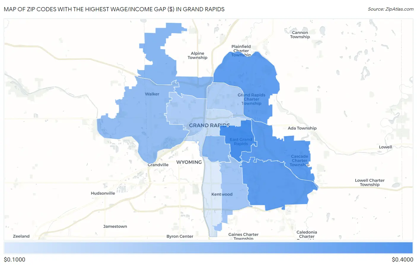Zip Codes with the Highest Wage/Income Gap ($) in Grand Rapids Map