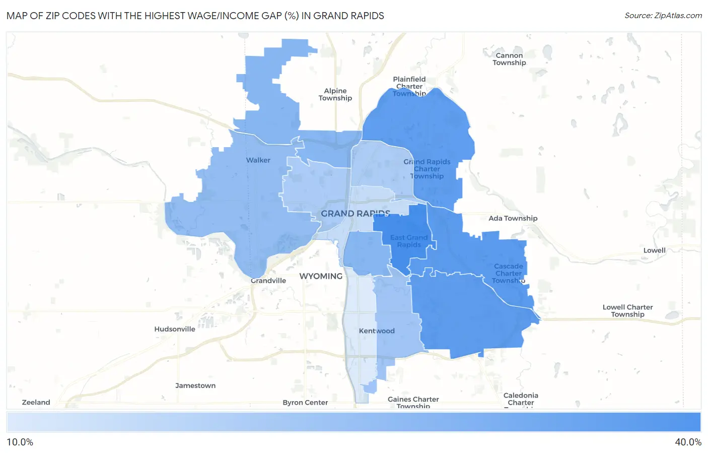 Zip Codes with the Highest Wage/Income Gap (%) in Grand Rapids Map