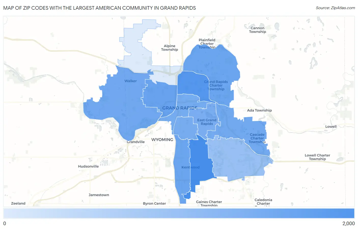 Zip Codes with the Largest American Community in Grand Rapids Map