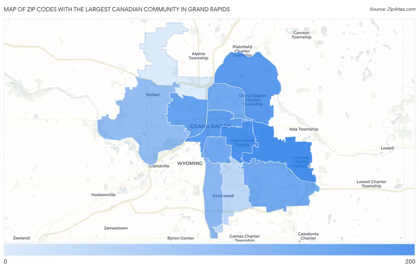 Zip Codes with the Largest Canadian Community in Grand Rapids Map