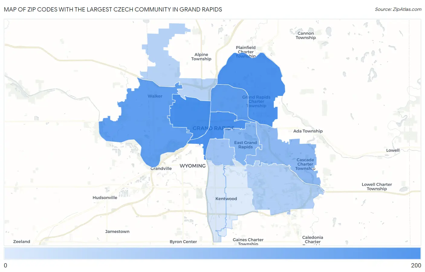 Zip Codes with the Largest Czech Community in Grand Rapids Map