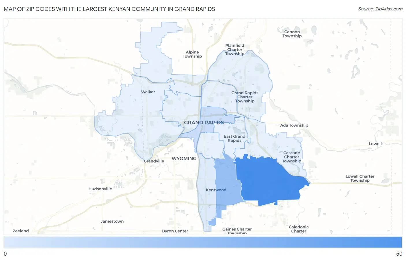 Zip Codes with the Largest Kenyan Community in Grand Rapids Map