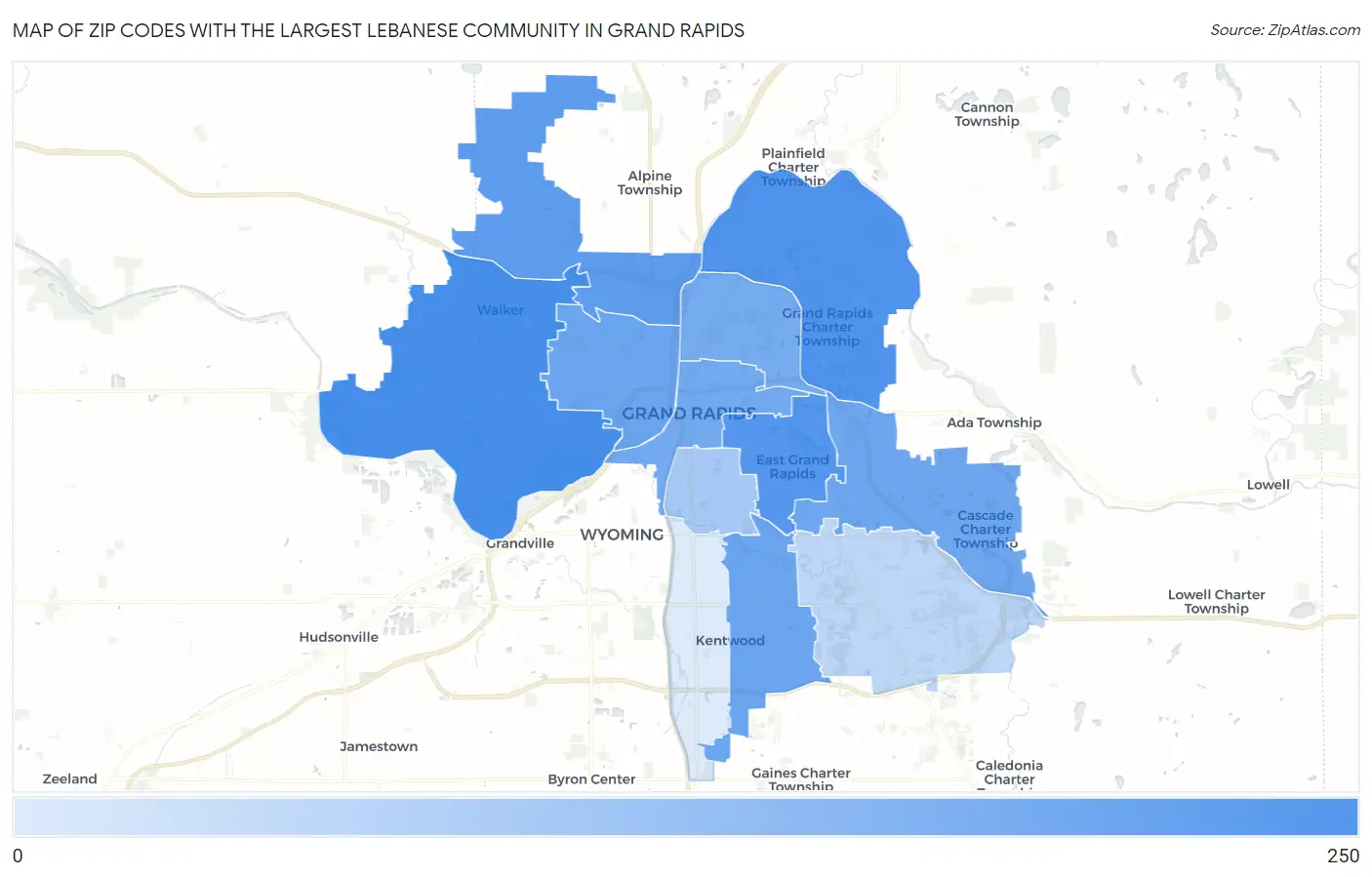 Zip Codes with the Largest Lebanese Community in Grand Rapids Map