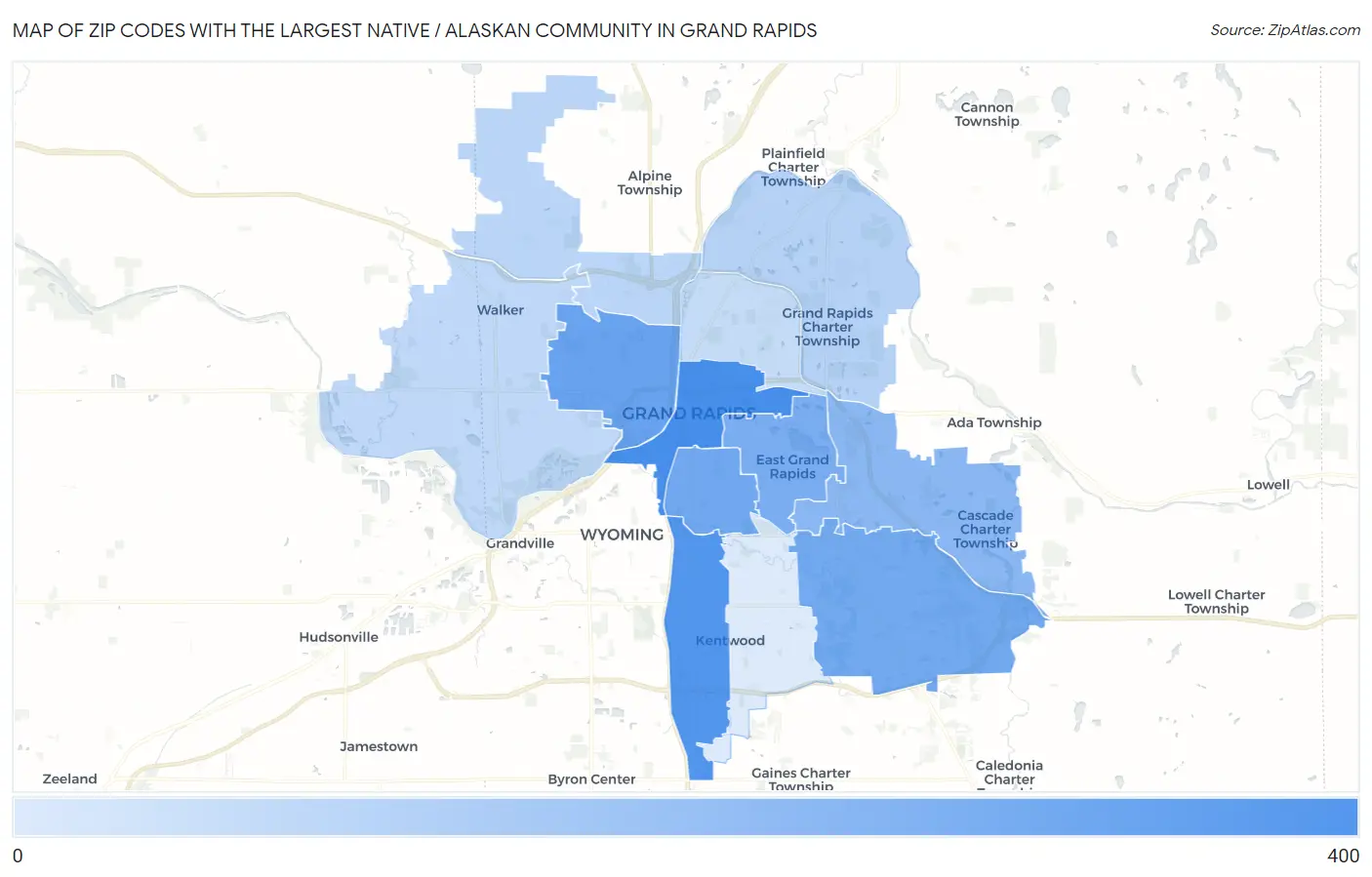 Zip Codes with the Largest Native / Alaskan Community in Grand Rapids Map
