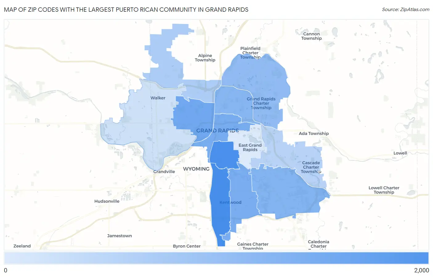 Zip Codes with the Largest Puerto Rican Community in Grand Rapids Map
