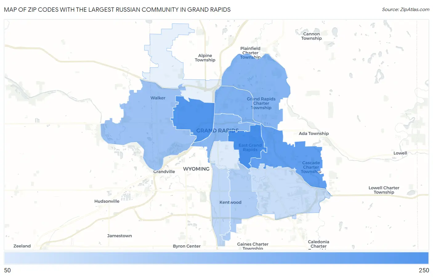 Zip Codes with the Largest Russian Community in Grand Rapids Map