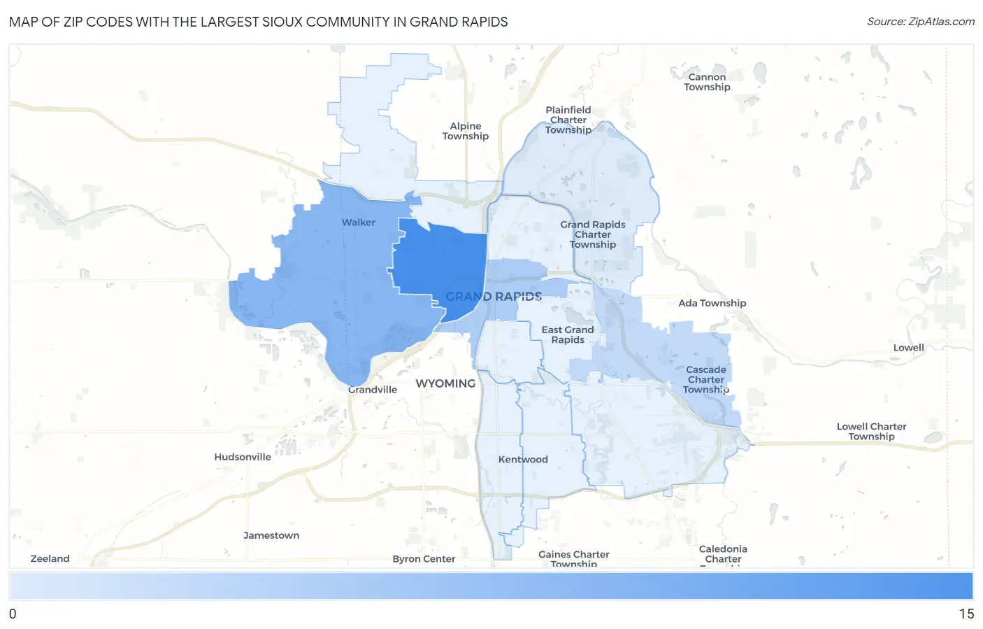 Zip Codes with the Largest Sioux Community in Grand Rapids Map