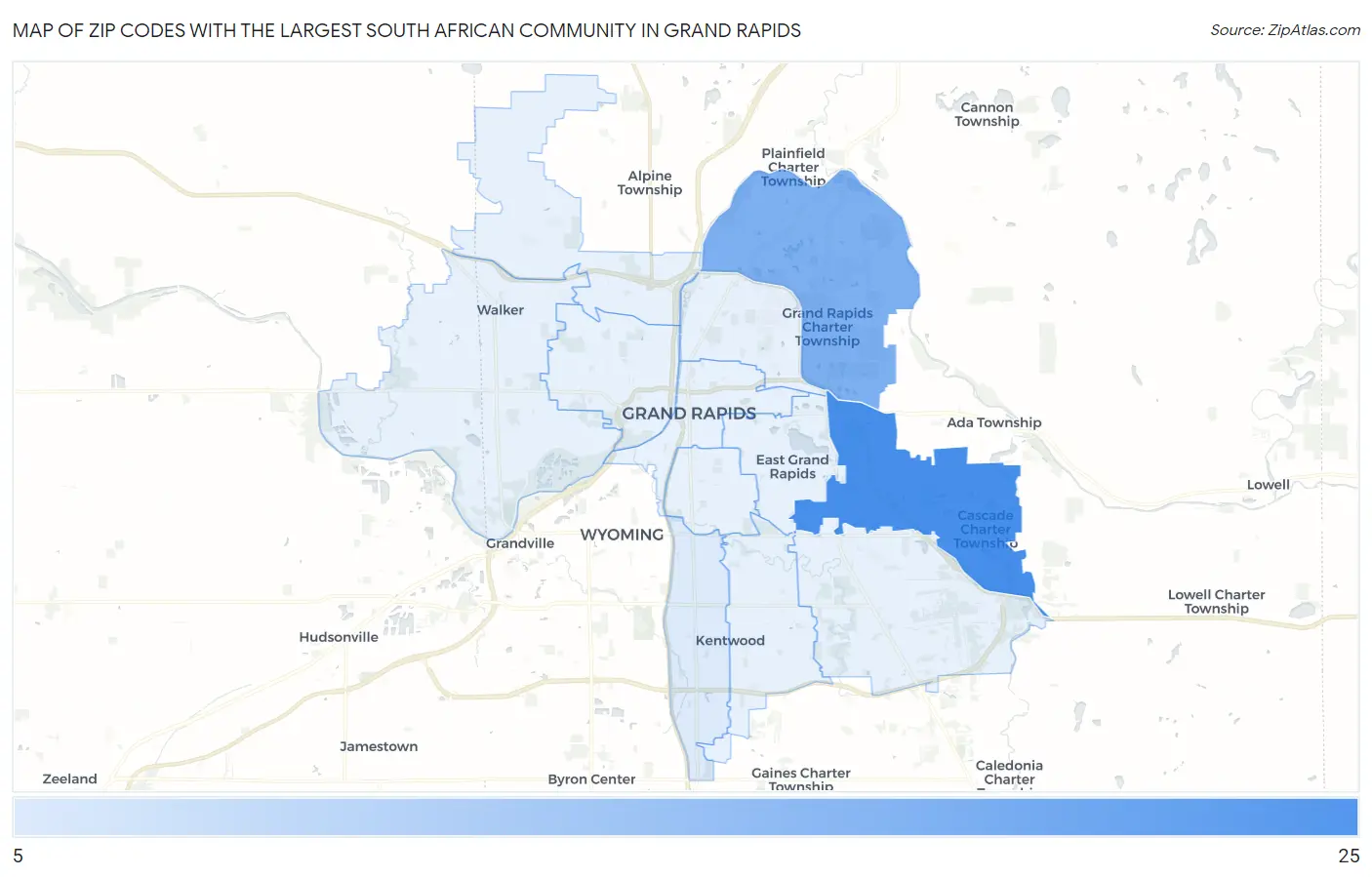 Zip Codes with the Largest South African Community in Grand Rapids Map