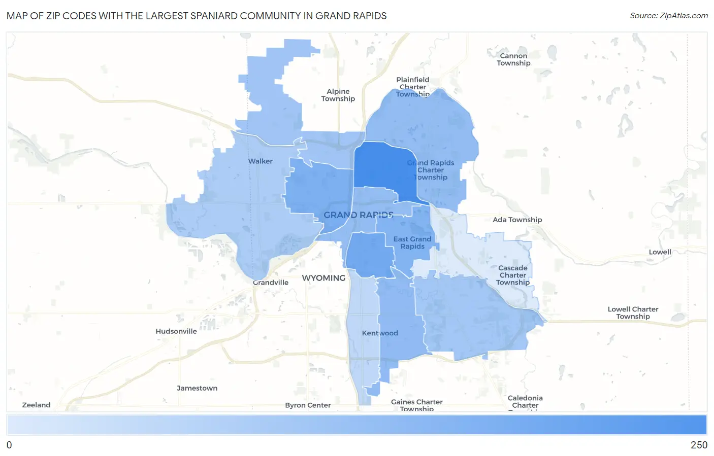 Zip Codes with the Largest Spaniard Community in Grand Rapids Map