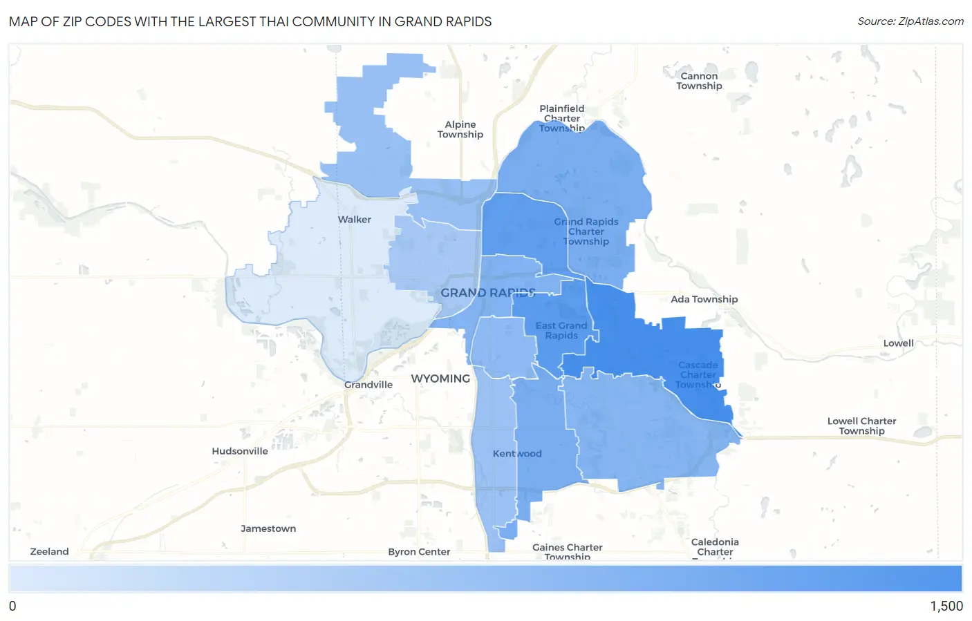 Zip Codes with the Largest Thai Community in Grand Rapids Map