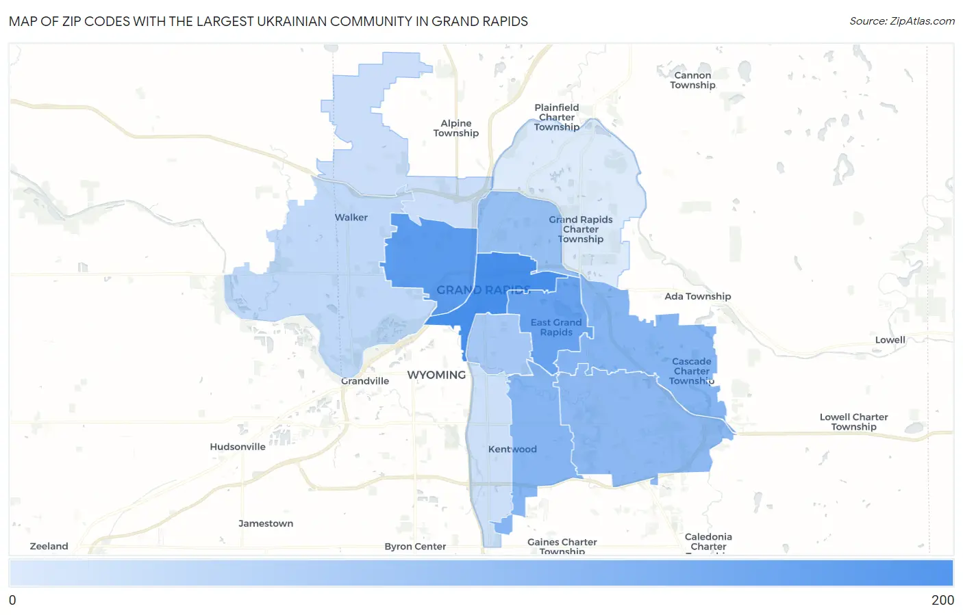 Zip Codes with the Largest Ukrainian Community in Grand Rapids Map