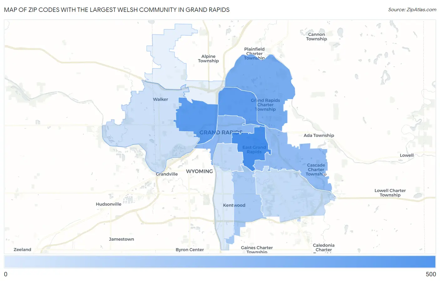 Zip Codes with the Largest Welsh Community in Grand Rapids Map