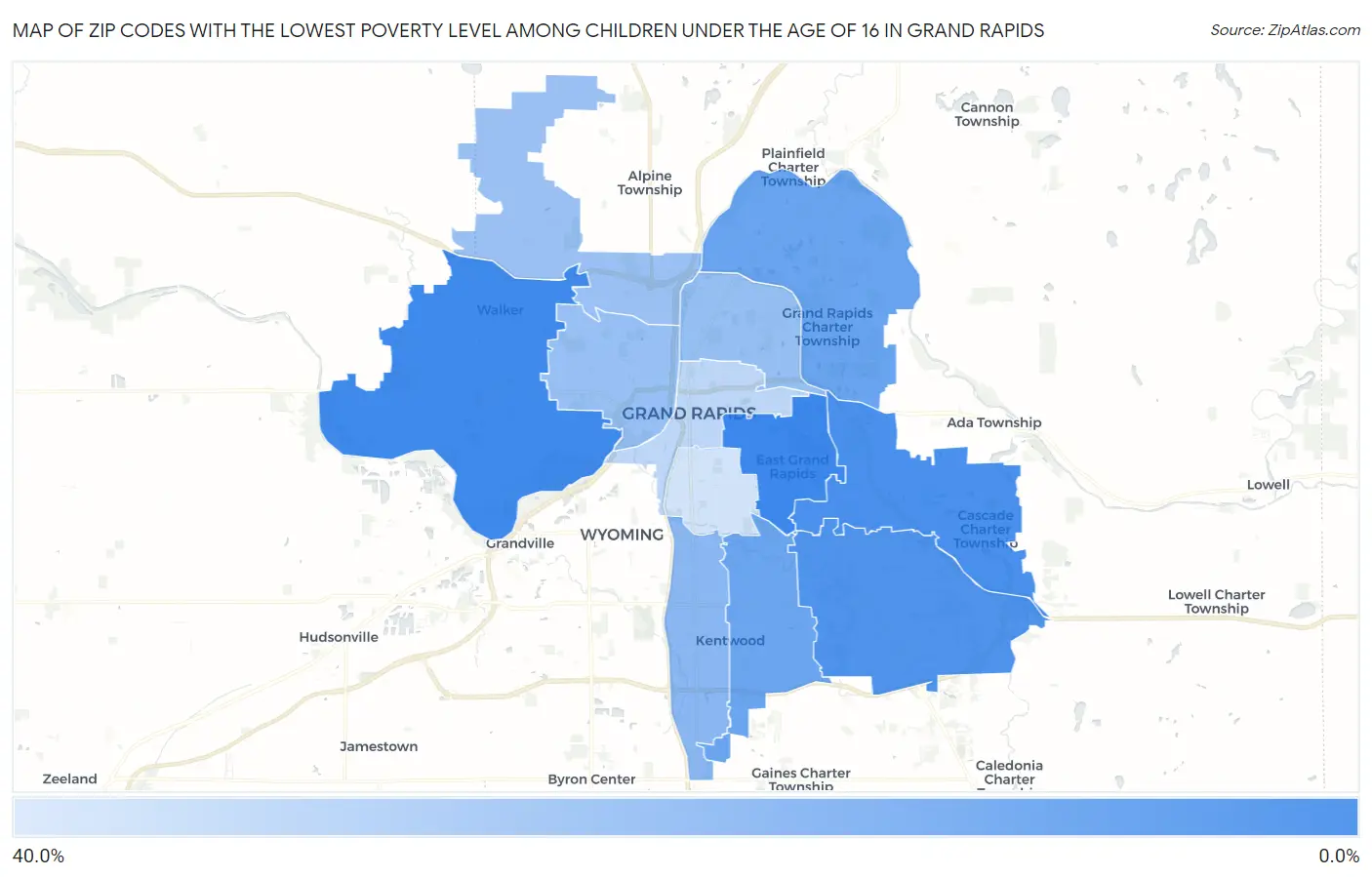 Zip Codes with the Lowest Poverty Level Among Children Under the Age of 16 in Grand Rapids Map