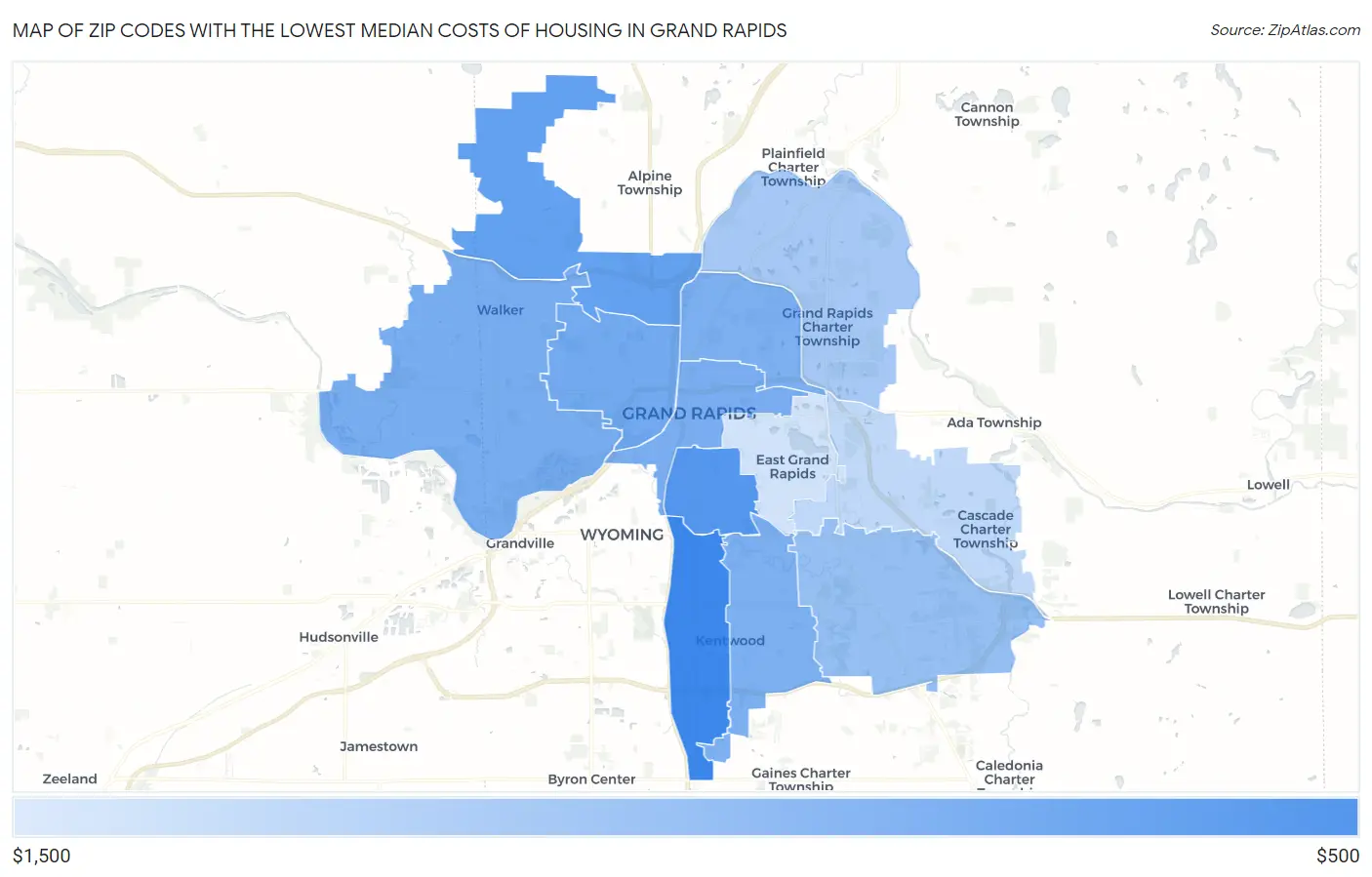Zip Codes with the Lowest Median Costs of Housing in Grand Rapids Map