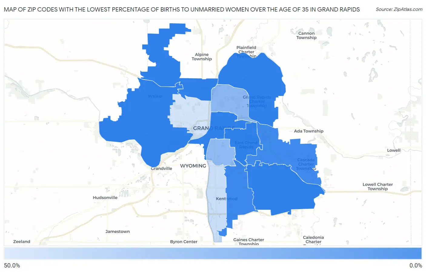 Zip Codes with the Lowest Percentage of Births to Unmarried Women over the Age of 35 in Grand Rapids Map